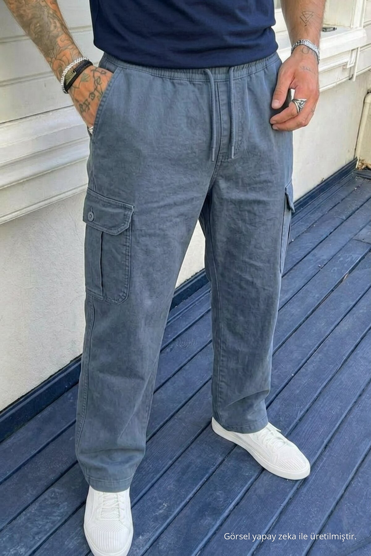 شلوار کتان گشاد آبی جیب‌دار مردانه مدل Cargo Pocket — آبی 30701DMJG — تصویر 4 از 6