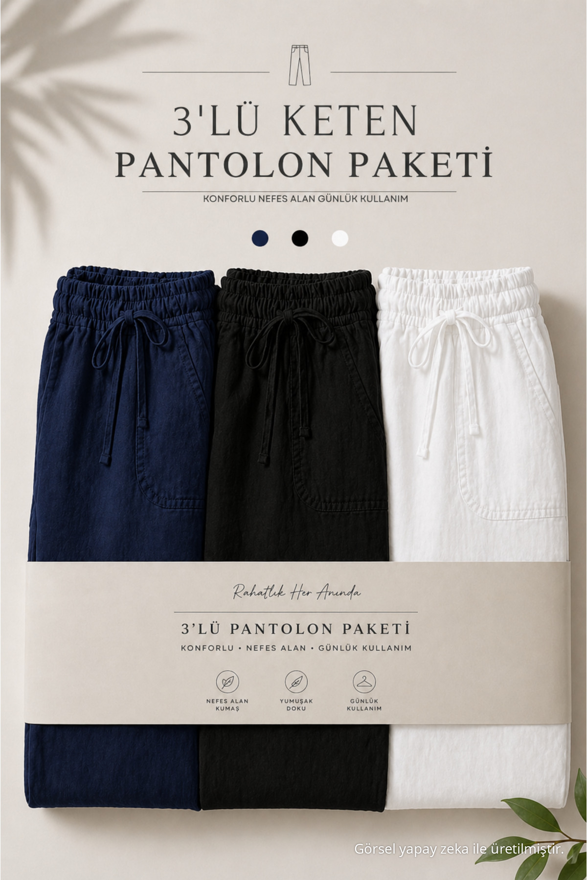 3 Adet Erkek Premium Yazlık Jogger Keten Pantolon — رنگارنگ Paket-1-35338DMJG