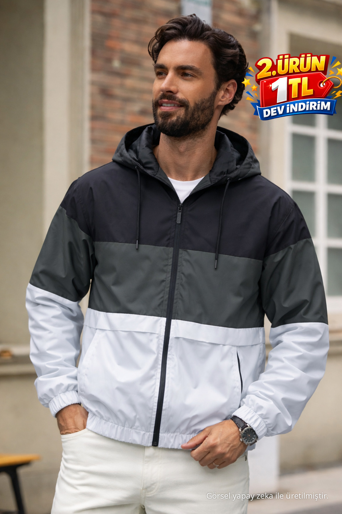 Erkek Comfort Fit Desenli Salaş Haki Yağmurluk & Rüzgarlık — خاکی Ayna-5-82501DMJG