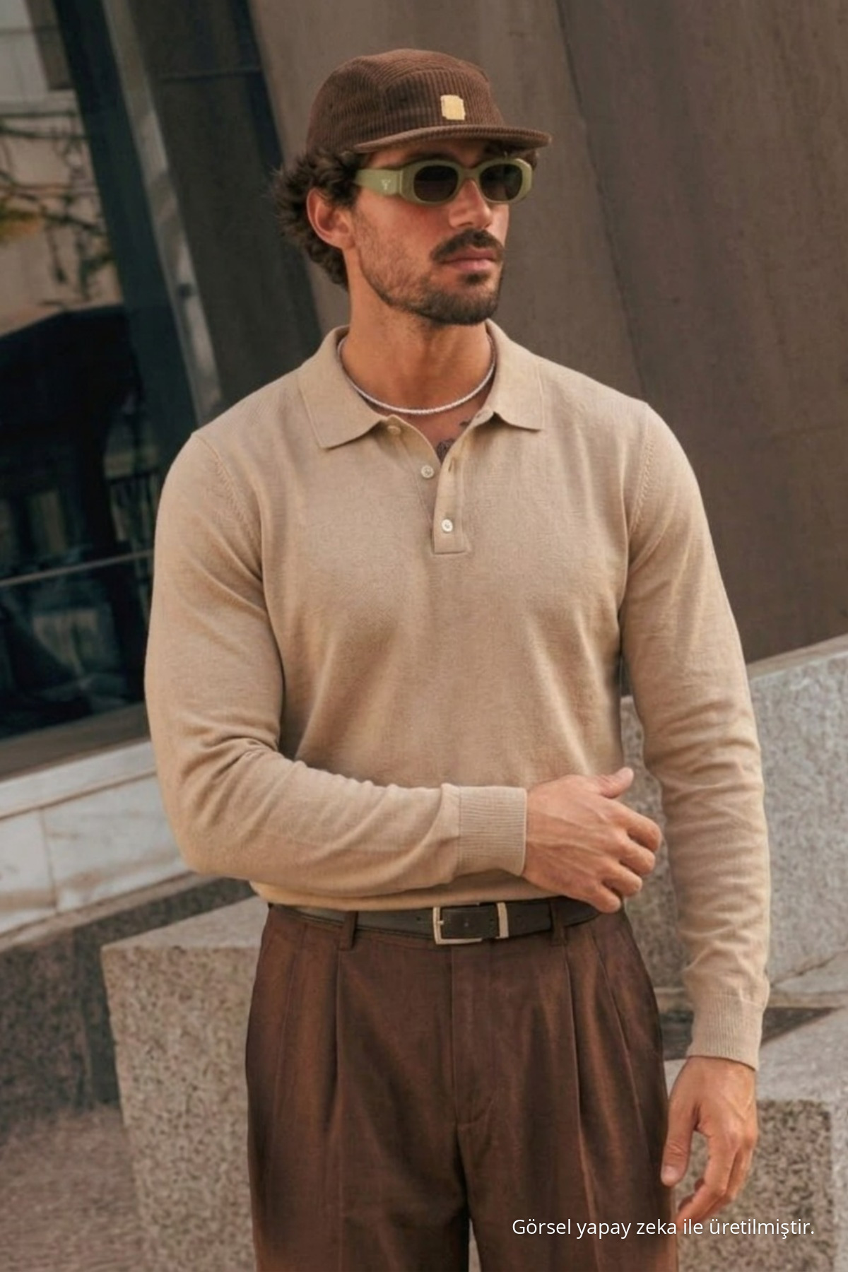 Erkek Düğmeli Yaka Sonbahar Krem Kazak — کرم 33081CMBN-5 — تصویر 2 از 6
