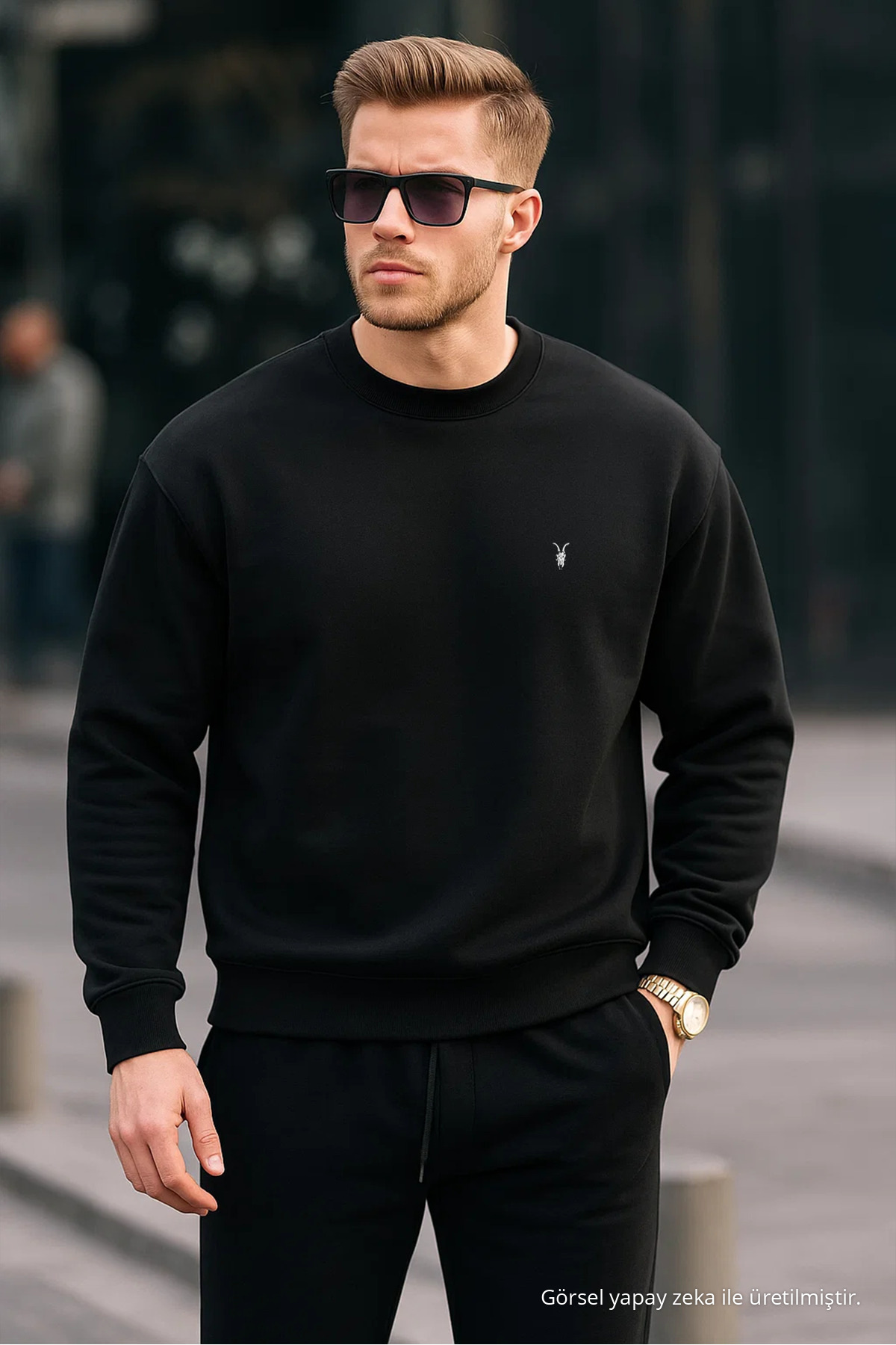 Siyah Renk Basic Bisiklet Yaka Relaxed Regular Erkek Sweatshirt