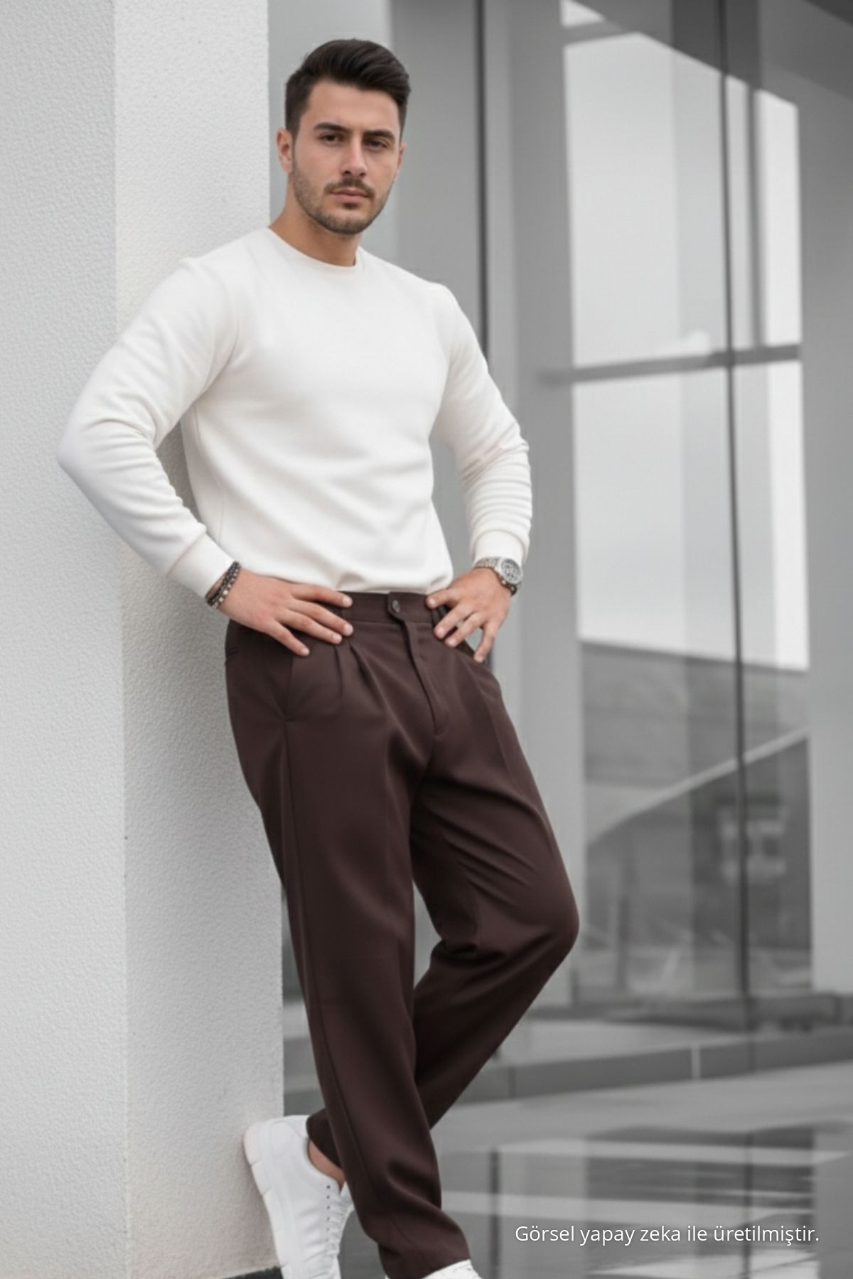 Erkek Çift Pileli Salaş Kahve Baggy Pantolon — قهوه‌ای 73494CMBN-3 — تصویر 4 از 7