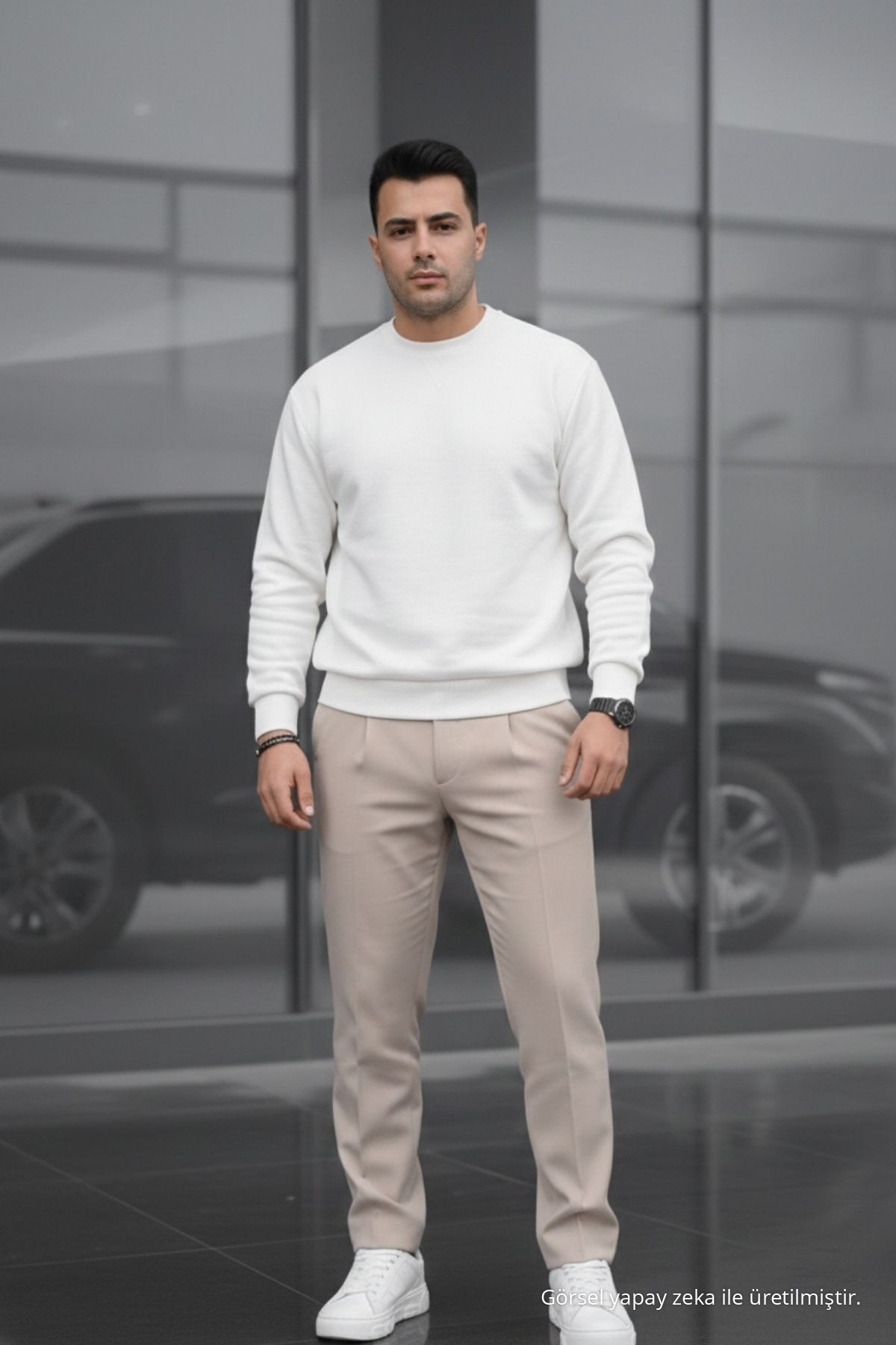 Erkek Çift Pileli Salaş Krem Baggy Pantolon — کرم 73494CMBN-3 — تصویر 6 از 7