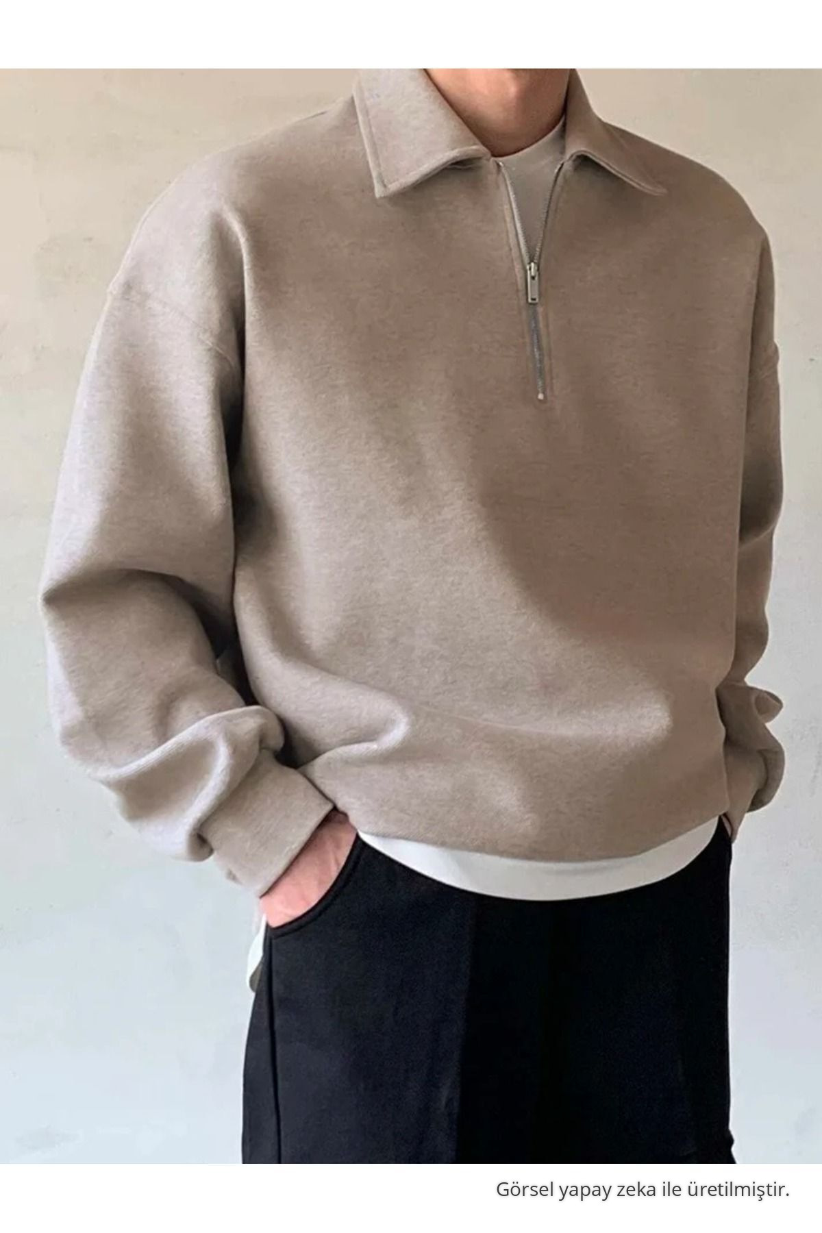 Erkek Polo Yaka Yarım Fermuarlı Sweatshirt BEJ — بژ SWT.0013 — تصویر 2 از 5