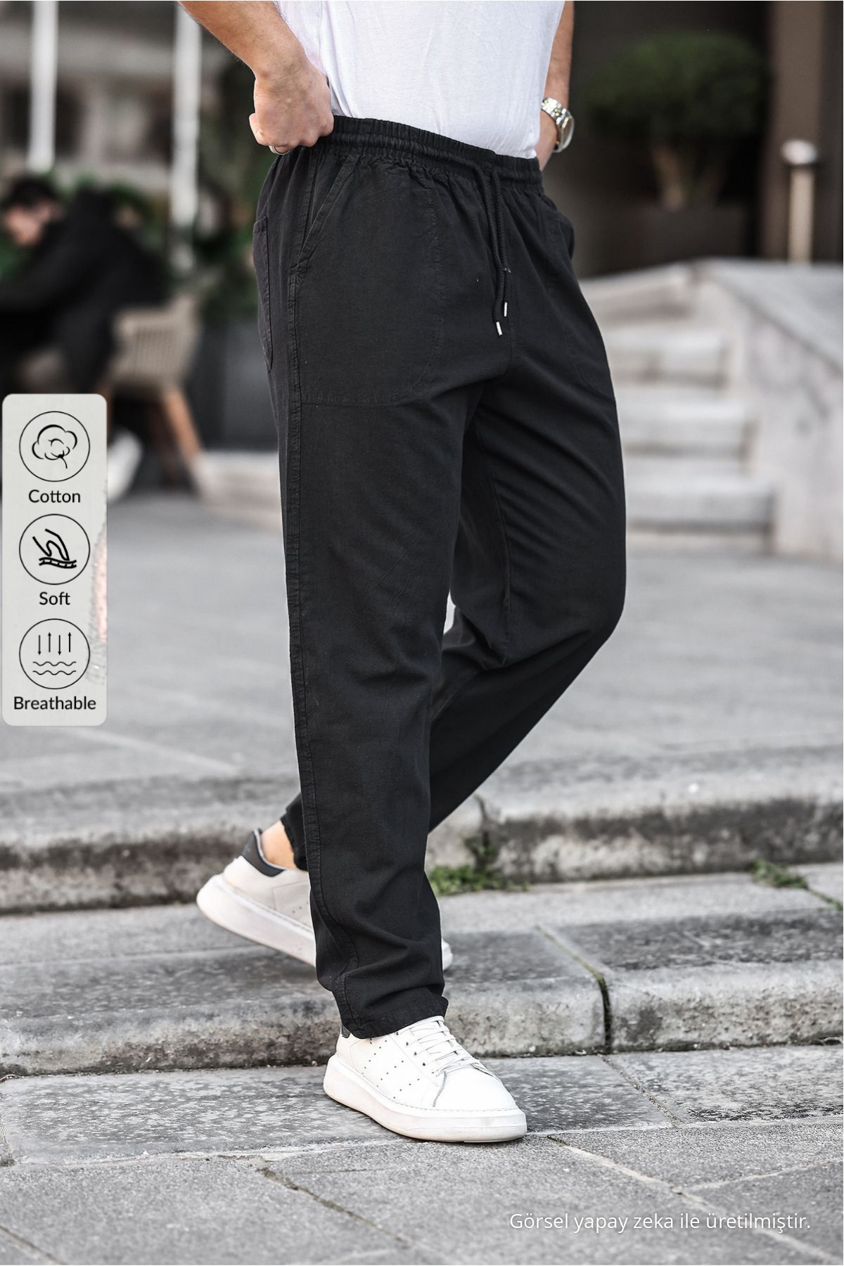 Siyah Renk Erkek Yazlık Keten Karışımı Relaxed Pantolon — مشکی KTN1430 — تصویر 2 از 6