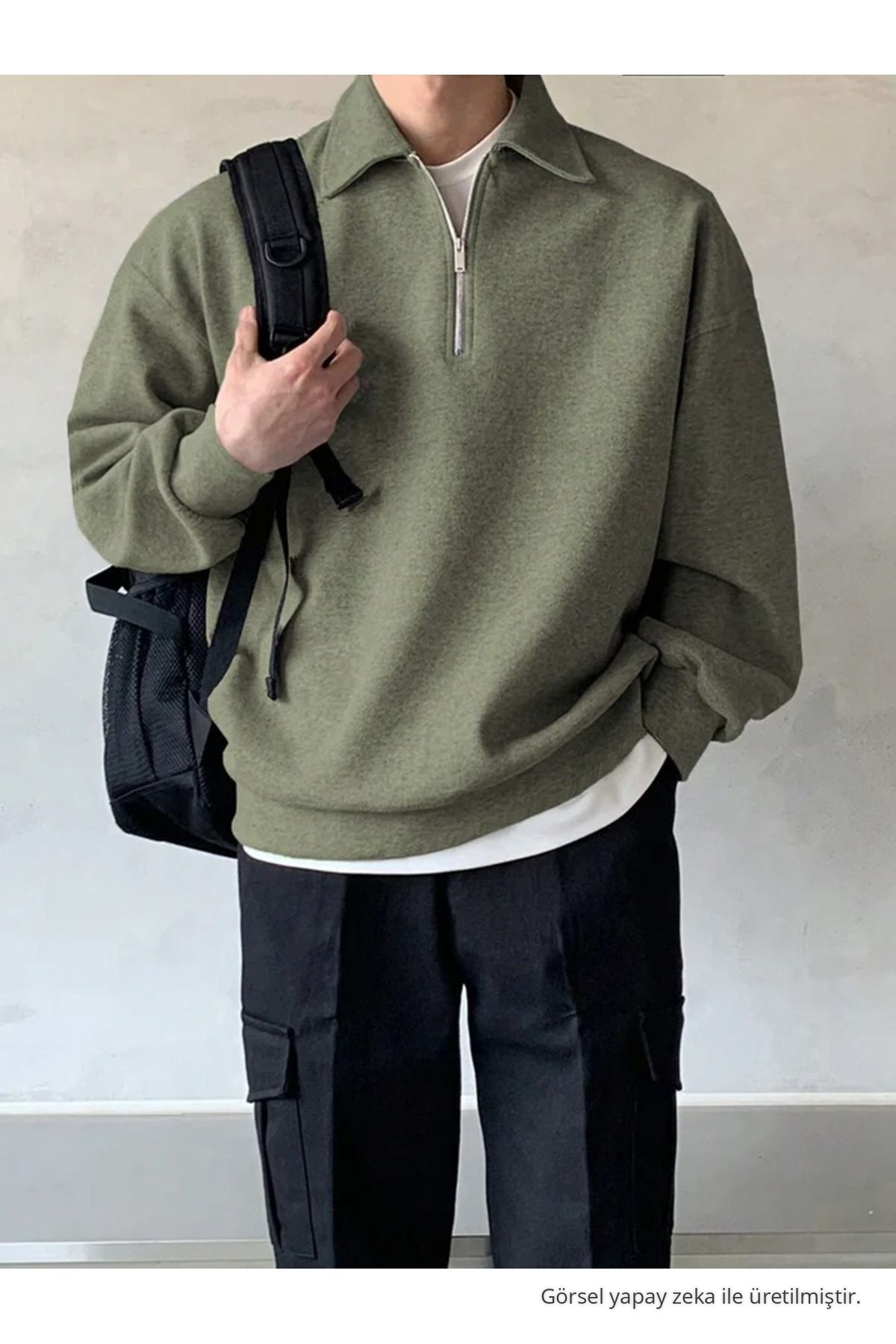 COMBİNE MİCHAİL Erkek Polo Yaka Yarım Fermuarlı Sweatshirt HAKİ — خاکی SWT.0013