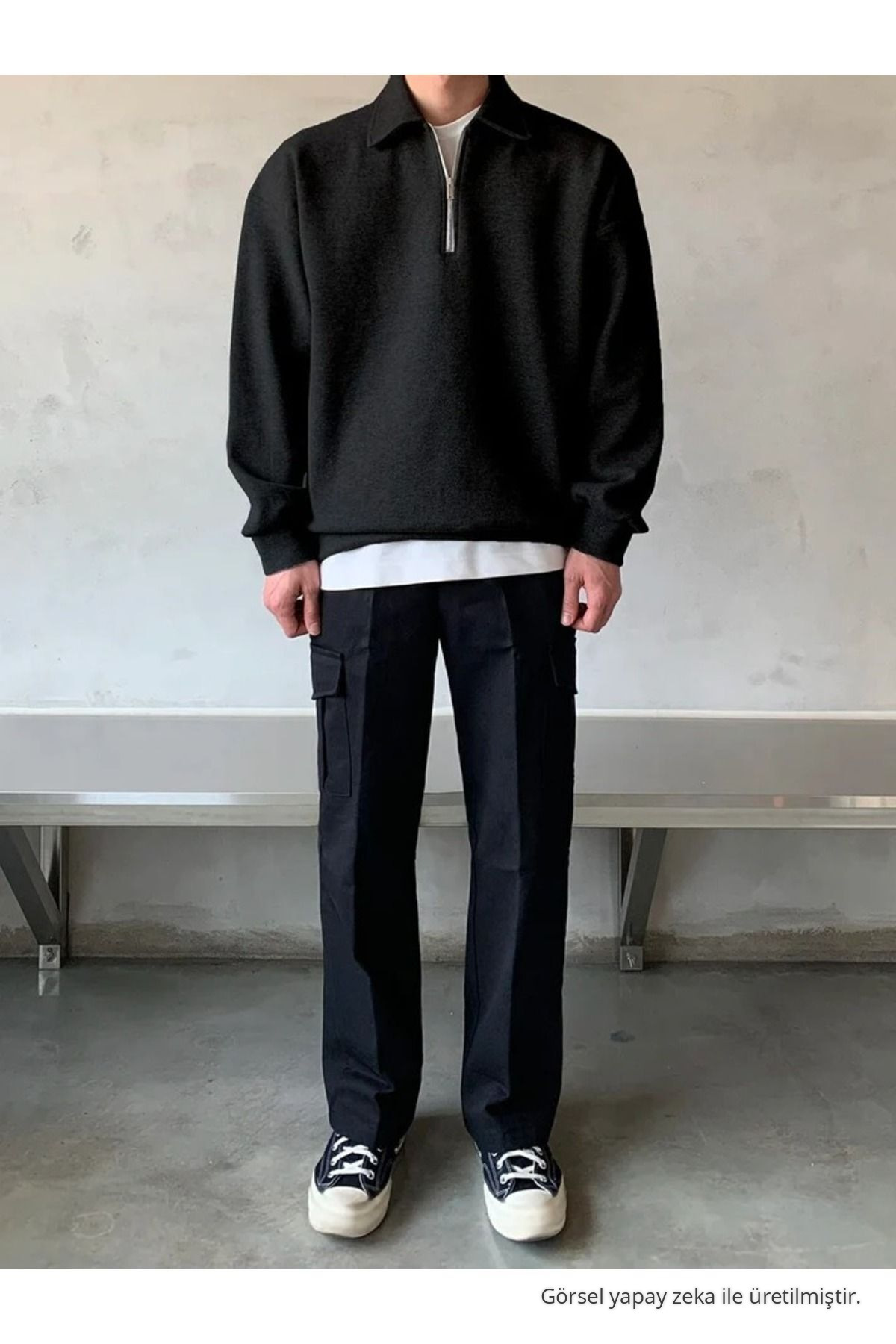 Erkek Polo Yaka Yarım Fermuarlı Sweatshirt SİYAH — مشکی SWT.0013 — تصویر 4 از 5