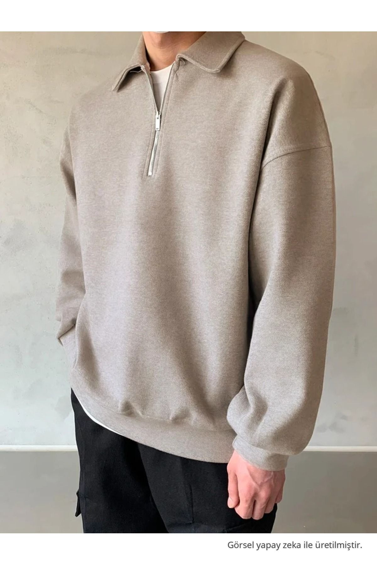 Erkek Polo Yaka Yarım Fermuarlı Sweatshirt BEJ — بژ SWT.0013 — تصویر 3 از 5