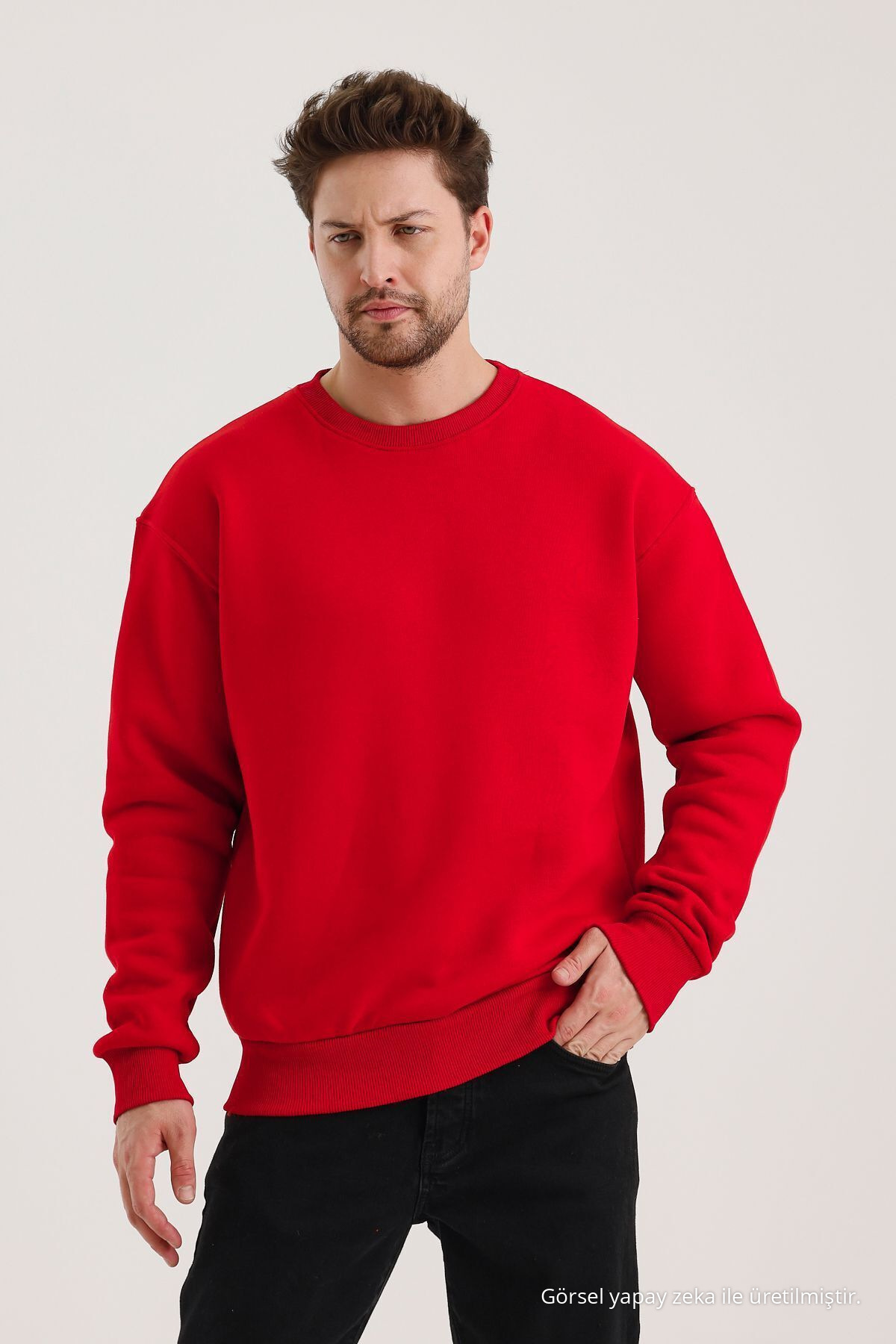 Kırmızı Bisiklet Yaka Oversize Şardonlu Basic Erkek Sweatshirt — قرمز SWT.0026 — تصویر 4 از 8