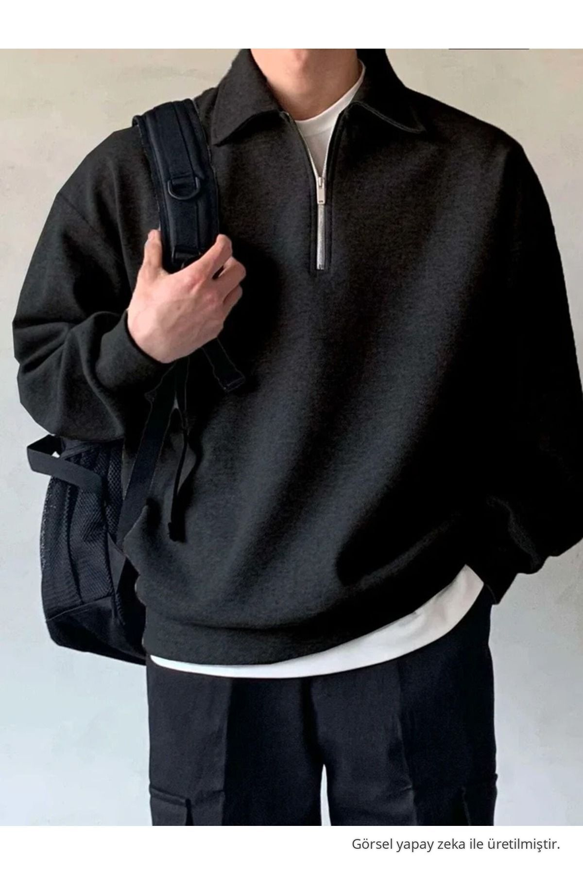 COMBİNE MİCHAİL Erkek Polo Yaka Yarım Fermuarlı Sweatshirt SİYAH — مشکی SWT.0013