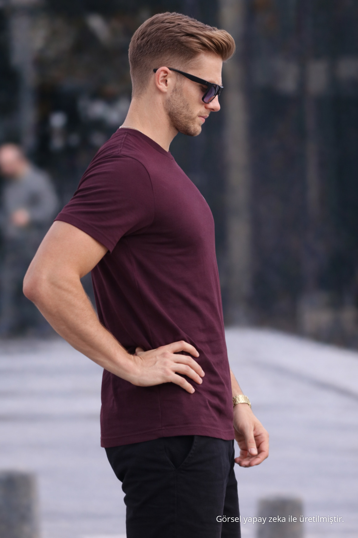 Erkek Bisiklet Yaka Slim Basic Bordo Tişört 5