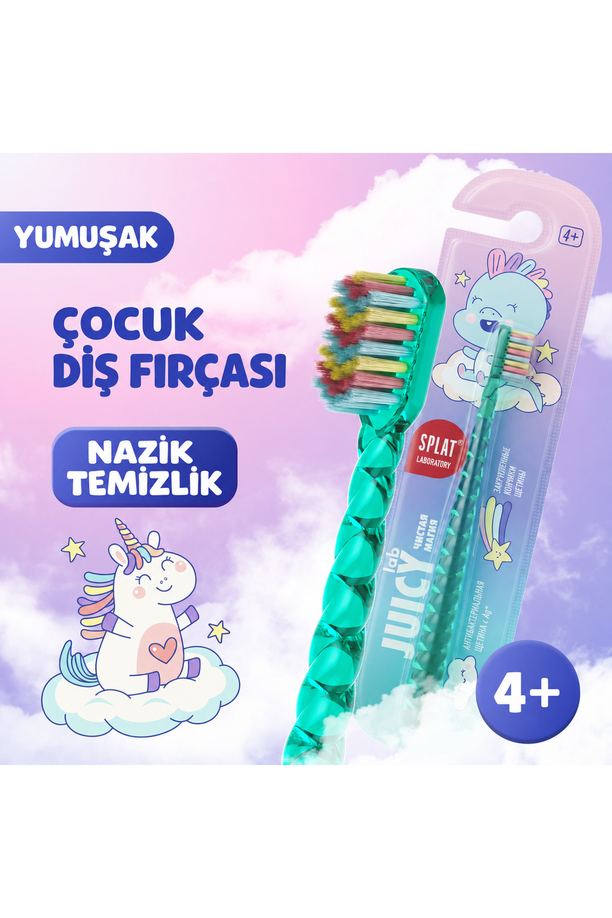 Splat Juicy Lab Unicorn Magic Çocuk Diş Fırçası 4+ Yumuşak Gümüş İyonlu