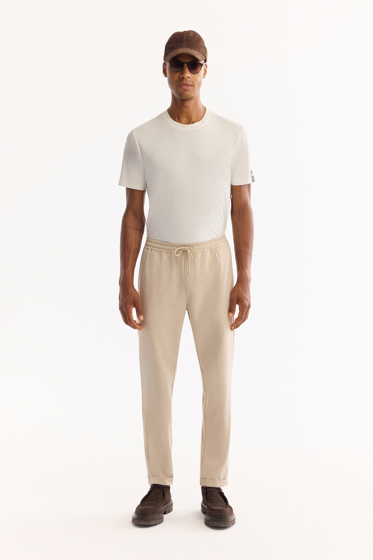 Erkek Bej Beli Lastikli Bağcıklı Duble Paça Jogger Relaxed Fit Pantolon E003000 — بژ