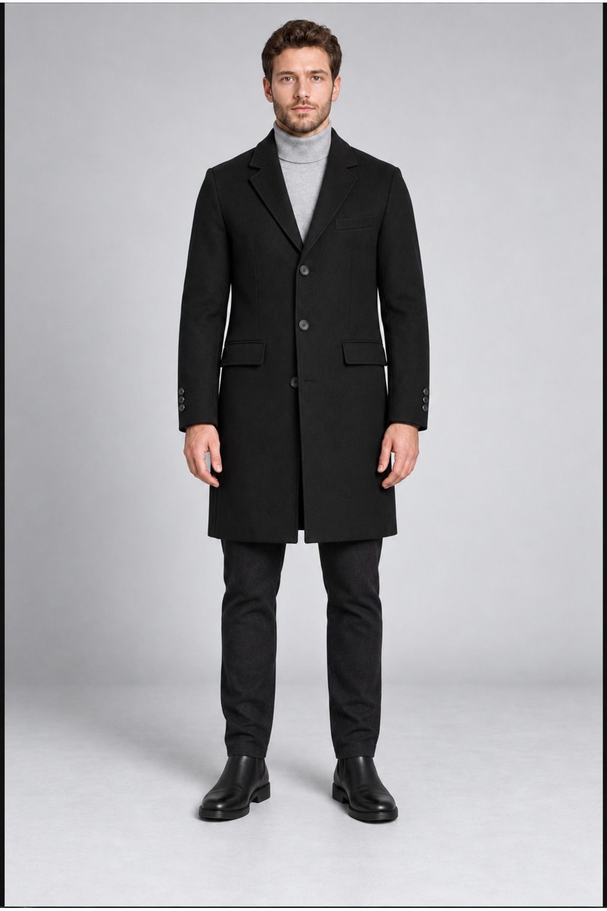 Erkek Siyah Slim Fit Kaşe Kaban Klasik Yaka 3 Düğmeli Uzun Kesim Kışlık Palto — مشکی 513