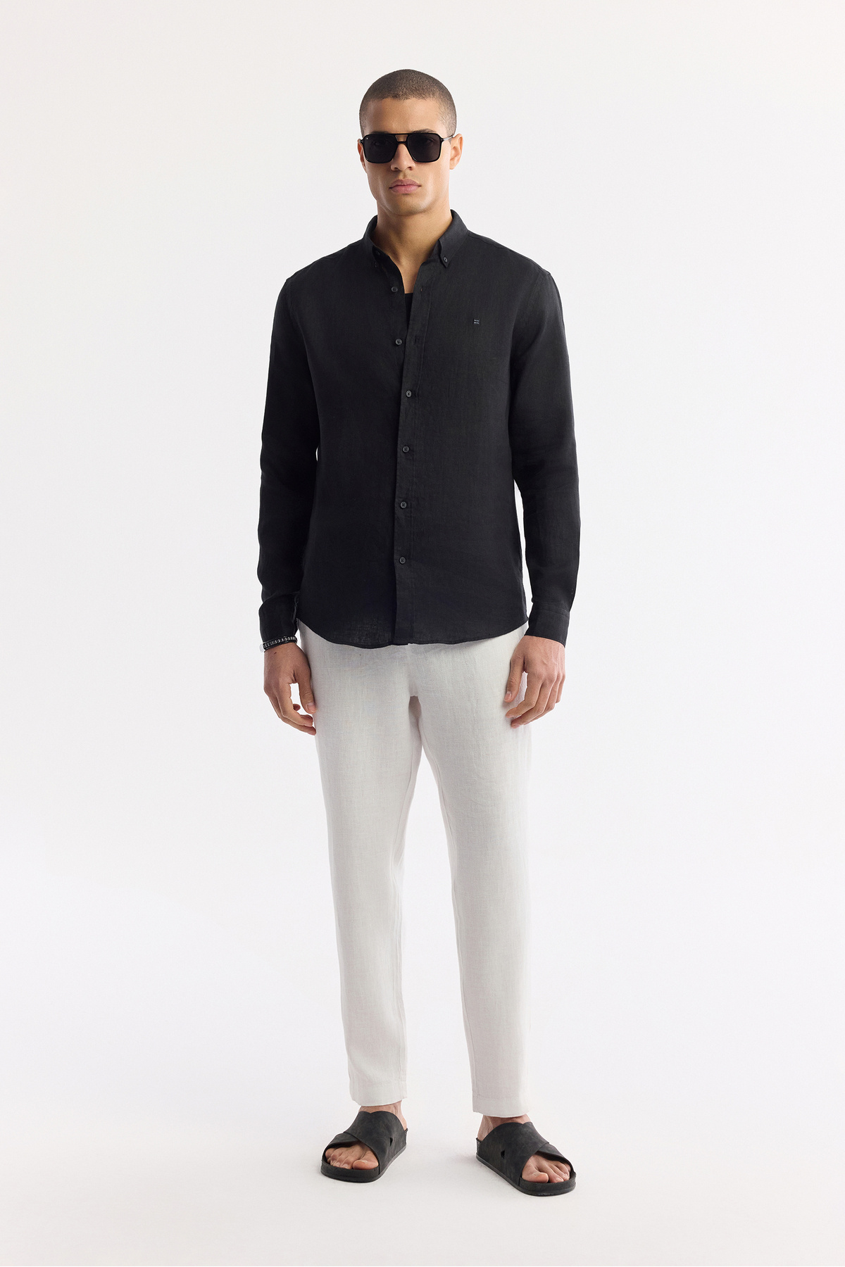 Erkek Beyaz Beli Lastikli %100 Keten Relaxed Fit Pantolon B003032 — سفید — تصویر 3 از 8