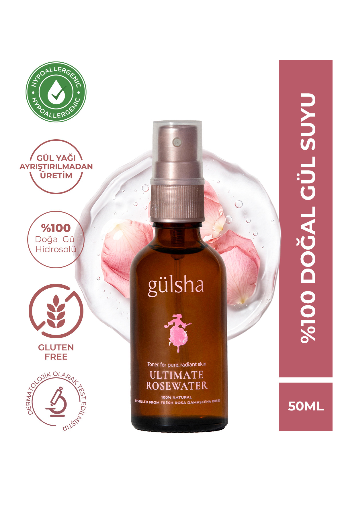 Gülsha Nemlendirici Aydınlatıcı Gözenek Sıkılaştırmaya Yardımcı %100 Doğal Tam Gül Suyu Sprey 50 ml — 8680434310122