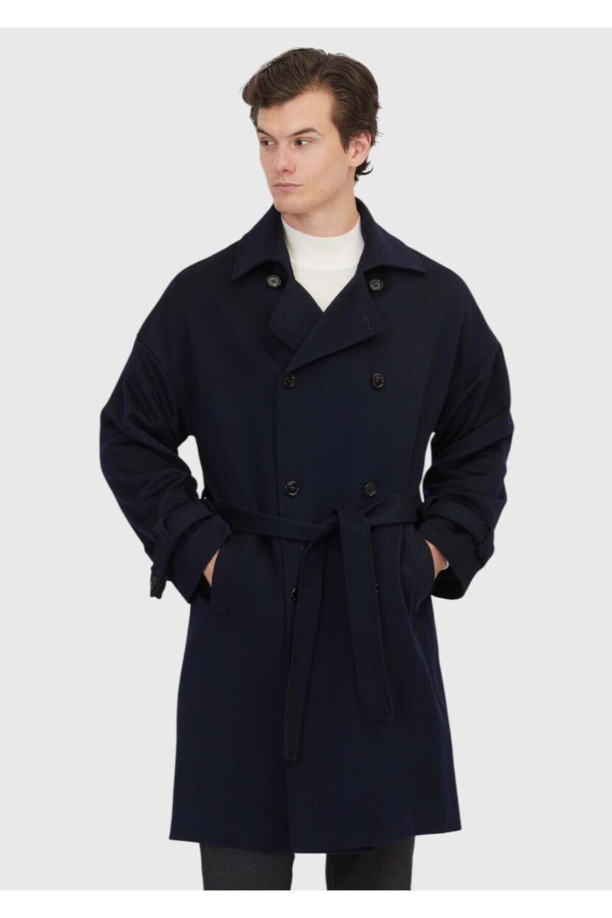 Ramsey Lacivert Oversize Fit Kruvaze Yaka Casual Dokuma Palto — رنگارنگ 10155193