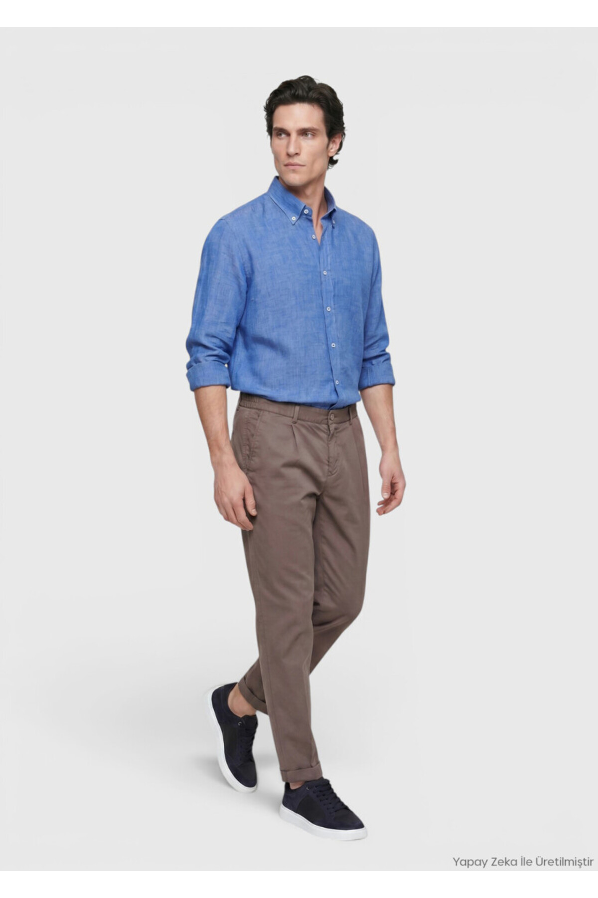 Koyu Mavi Düz Casual Fit Uzun Dokuma Casual %100 Keten Gömlek — آبی 165683 — تصویر 2 از 7