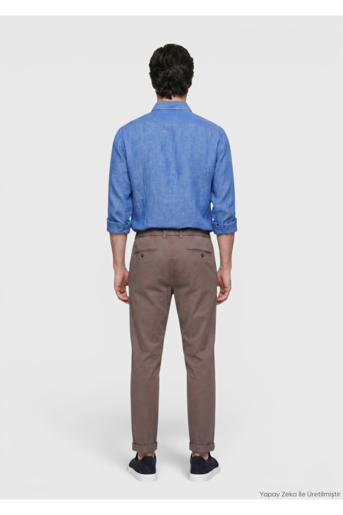 Koyu Mavi Düz Casual Fit Uzun Dokuma Casual %100 Keten Gömlek — آبی 165683 — تصویر 5 از 7