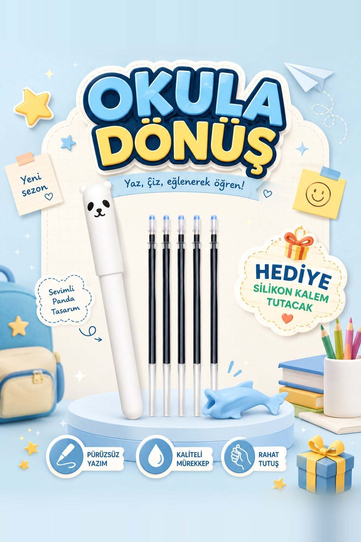 KİDSLAR Sihirli Kalem Seti - Okula Dönüş | 5 Yedek Mürekkep + Silikon Tutacak