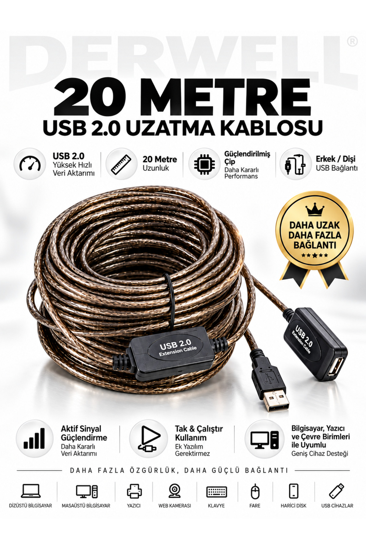 20 Metre 20mt Usb Aktif Erkek/Dişi High Speed Kablo Chipli Model Ara USB Uzatma Kablosu Extension Kablo Güçlendirilmiş USB Uzatma Erkek/Kadın USB Ara Kablosu