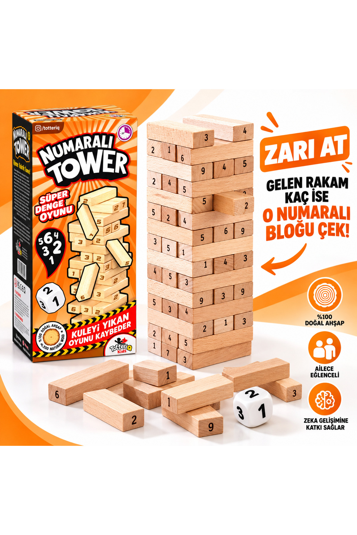 TOTTERİQ Numaralı Jenga Denge Oyunu Numaralı Tower Büyük boy 54 parça