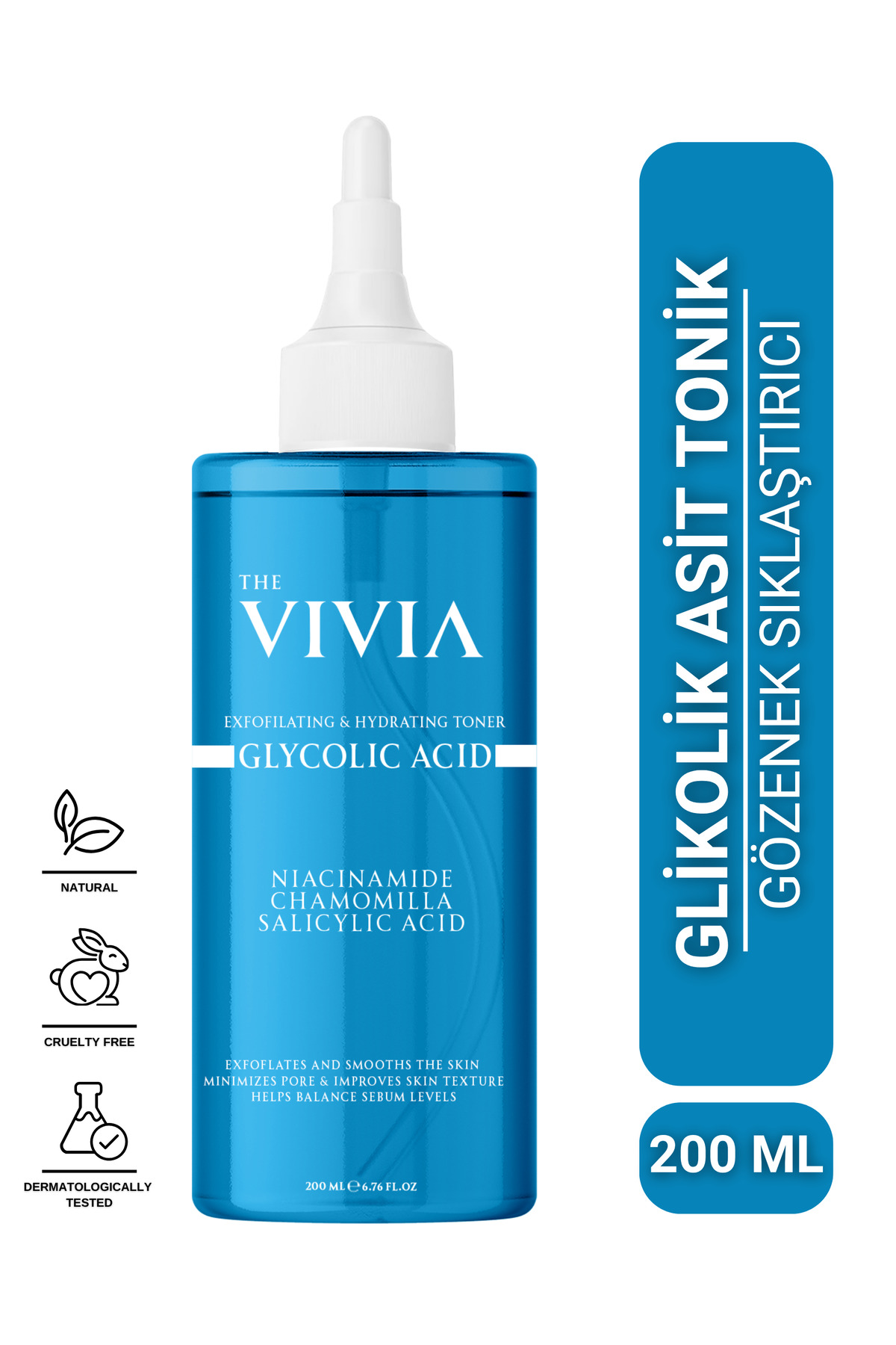 The Vivia Canlandırıcı, Gözenek Sıkılaştırıcı ve Leke Karşıtı Glikolik Asit Tonik Tüm Cilt Tipleri 200 ml — GT