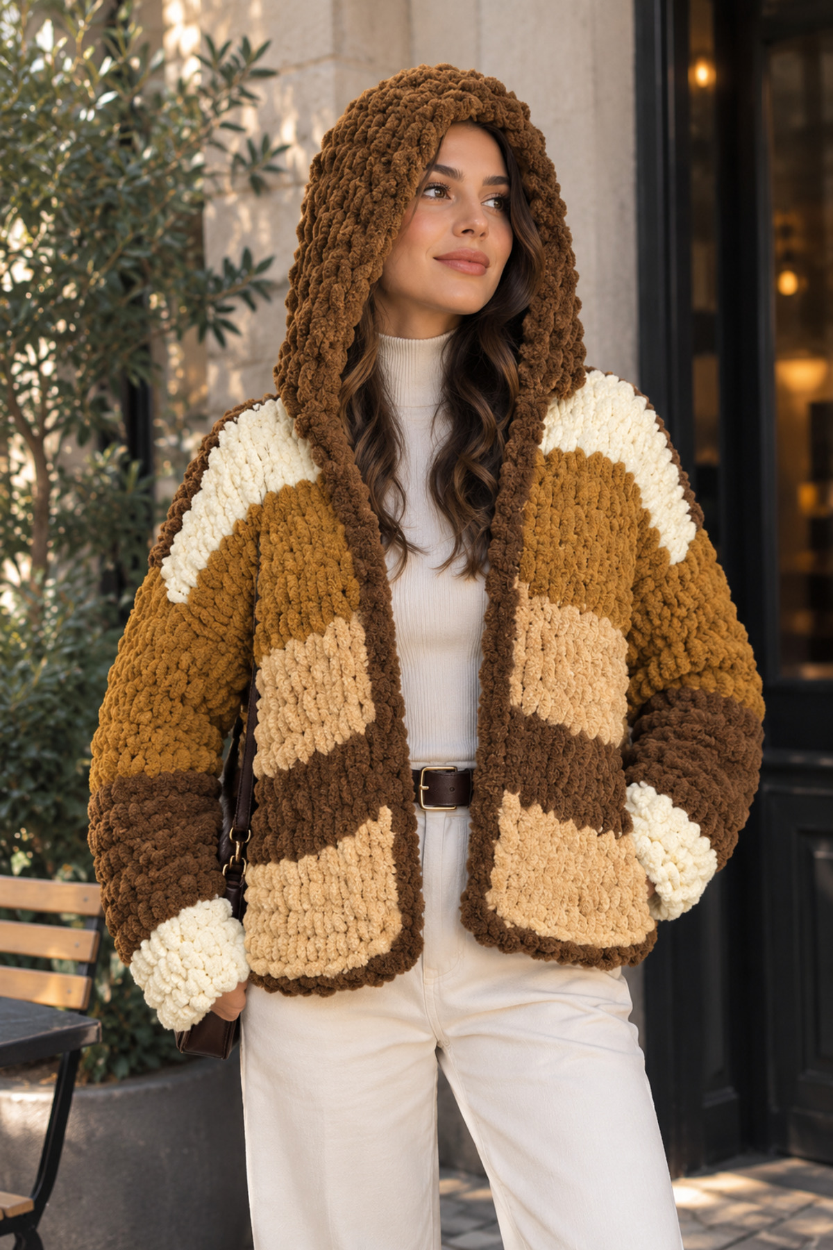 El yapımı Kahve & Krem Chunky Polar Kapüşonlu Hırka — کرم 7372919192636728