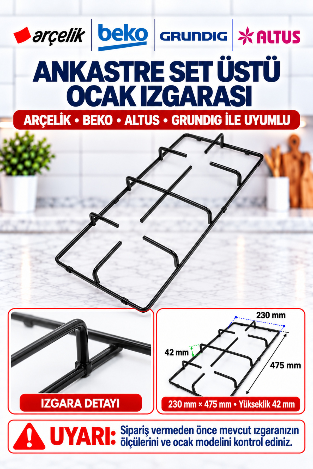 Arçelik 1 (Bir) Ad 47,5 x 23,2 cm Oem - Ankastre / Set Üstü Ocak Izgarası - S110241259