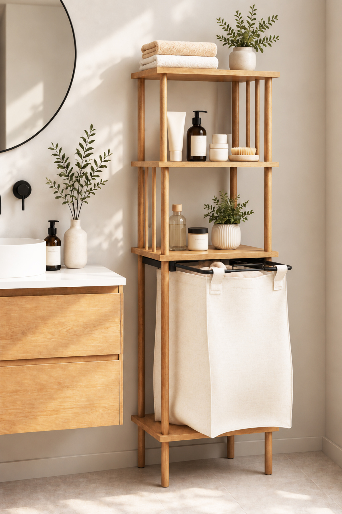 ELEN Tek Bez Sepetli Kirli Çamaşır Sepeti, Çok Katlı Raflı Banyo Düzenleyici ve Organizer görsel 3