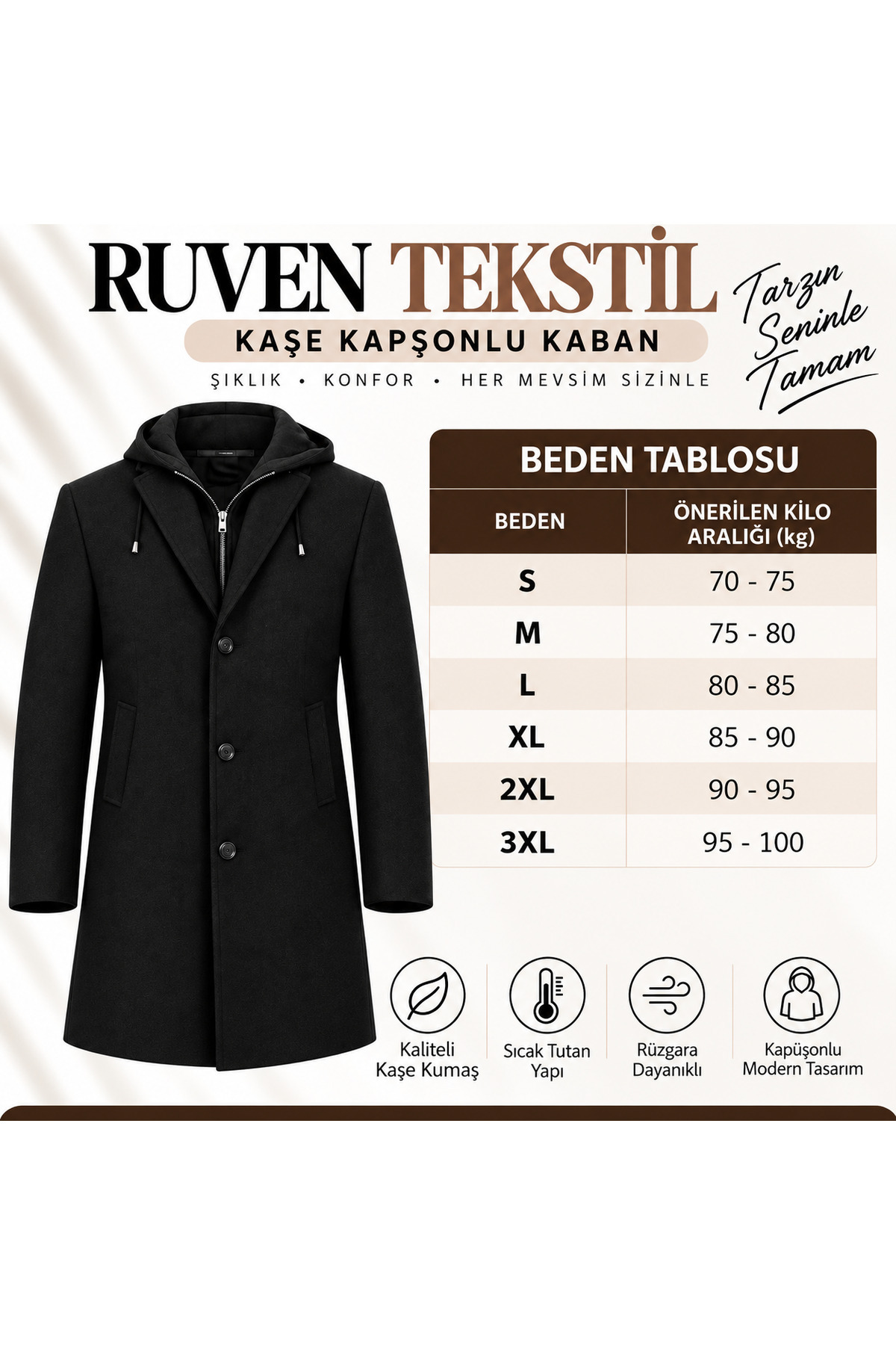Kaşe Kapşonlu Önü Fermuarlı Ve Düğmeli Uzun Kaban _340 — مشکی 5859780322 — تصویر 6 از 6