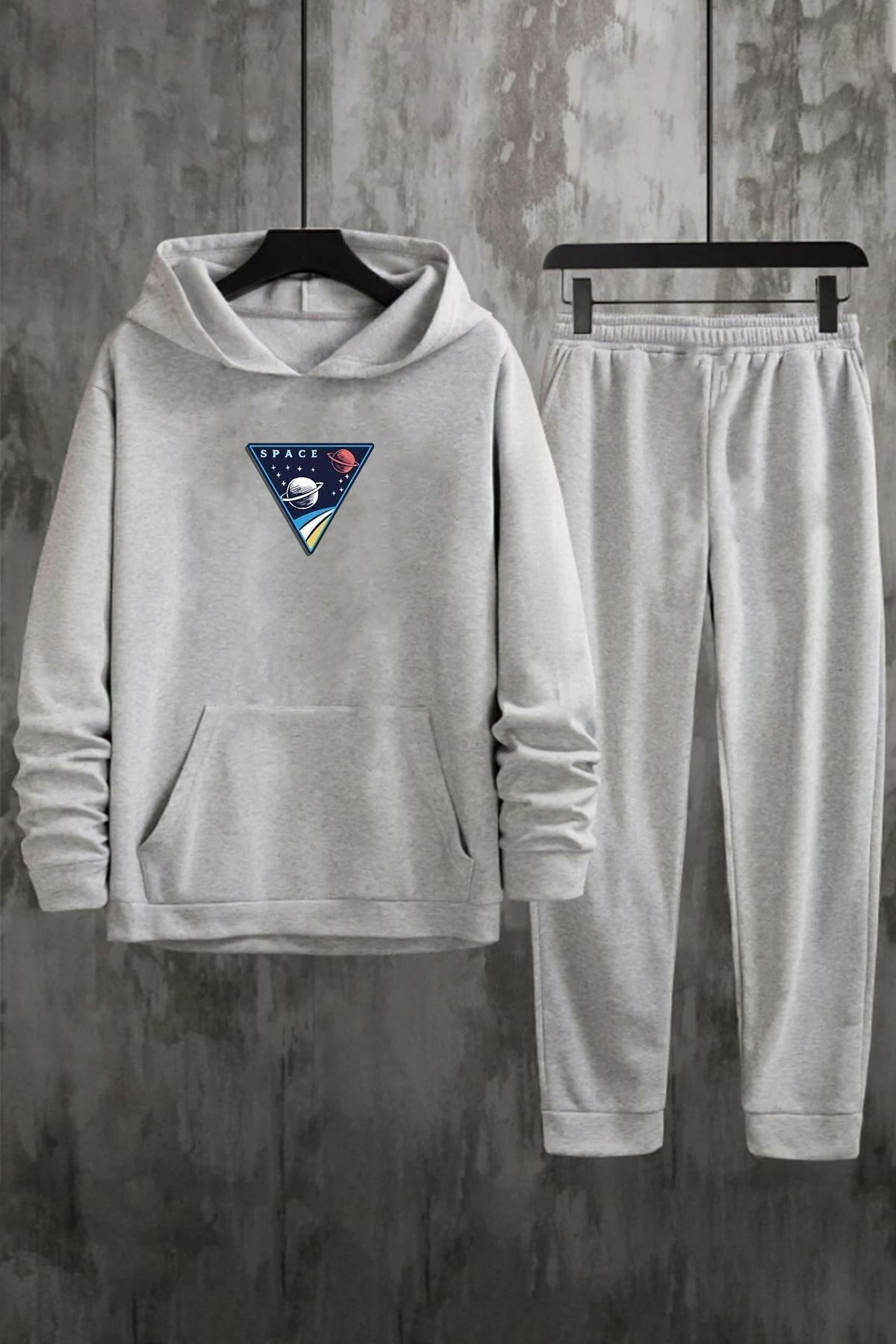 Unisex Space Baskılı Eşofman Takımı — خاکستری KP-GRI-SPACE-ESH-GRI
