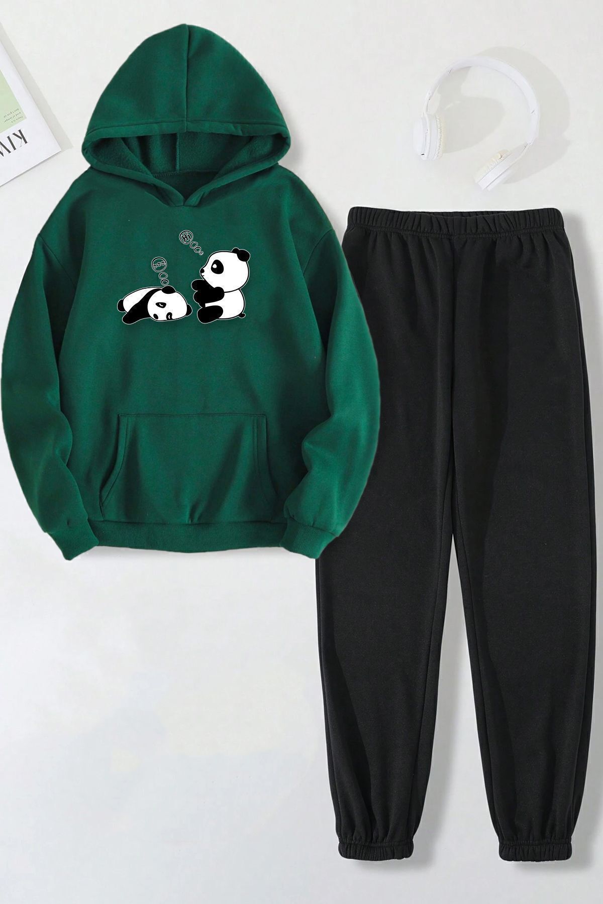 Unisex Uykucu Panda Baskılı Rahat Eşofman Takımı — سبز KP-SIYAH-UYKUCUPANDA-ESH-SİYAH