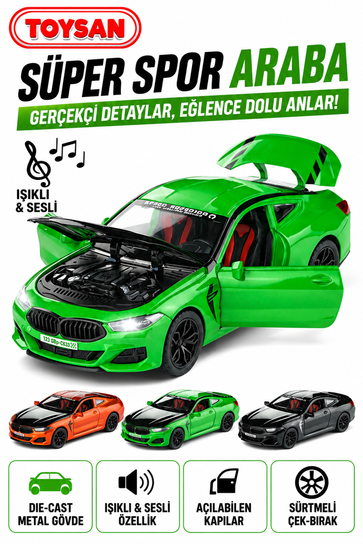 Toysan 1.24 ÖLÇEK KUTULU SESLİ VE IŞIKLI ÇEK BIRAK METAL ARABA