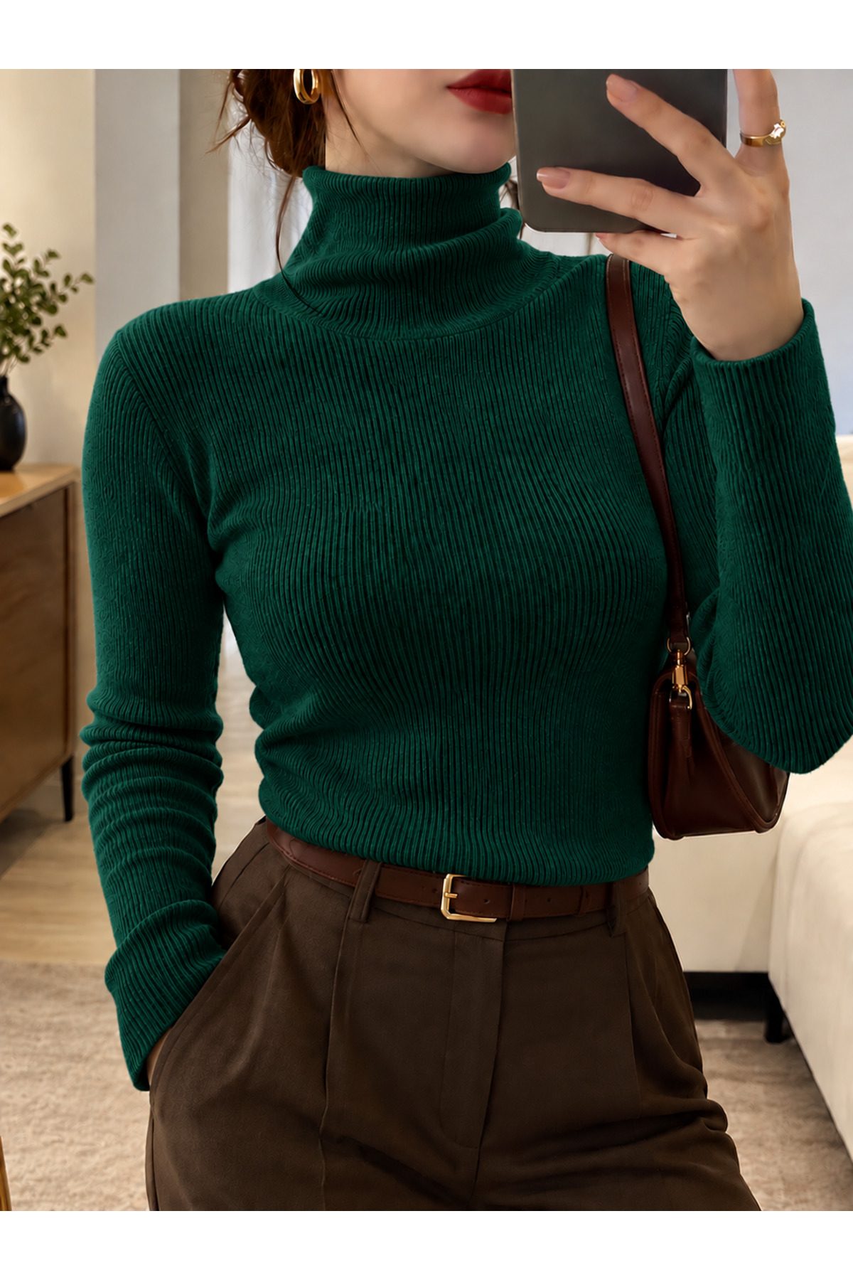 unisex yeşıl trıko kazak balıkçı yaka slimfit boğzlı kazak — سبز najjar99