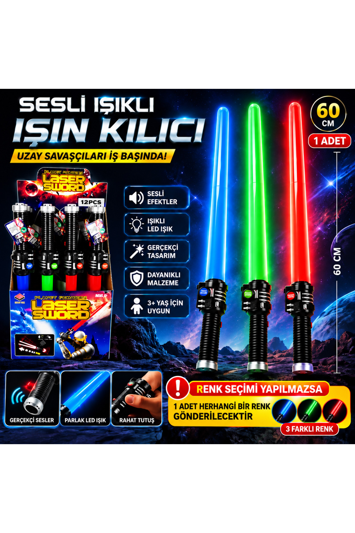 TRUST STORE Sesli Işıklı Işın Kılıcı 60 CM Renkli LED Efektli Uzay Savaşçı Kılıcı Eğlenceli Oyuncak Kılıç
