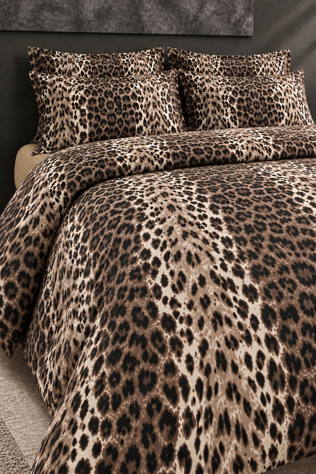 Oile Home Leopar %100 Pamuk Tek Kişilik Lastikli Çarşaflı Nevresim Takımı 160x220 cm Leopar Desen İlik Düğmeli