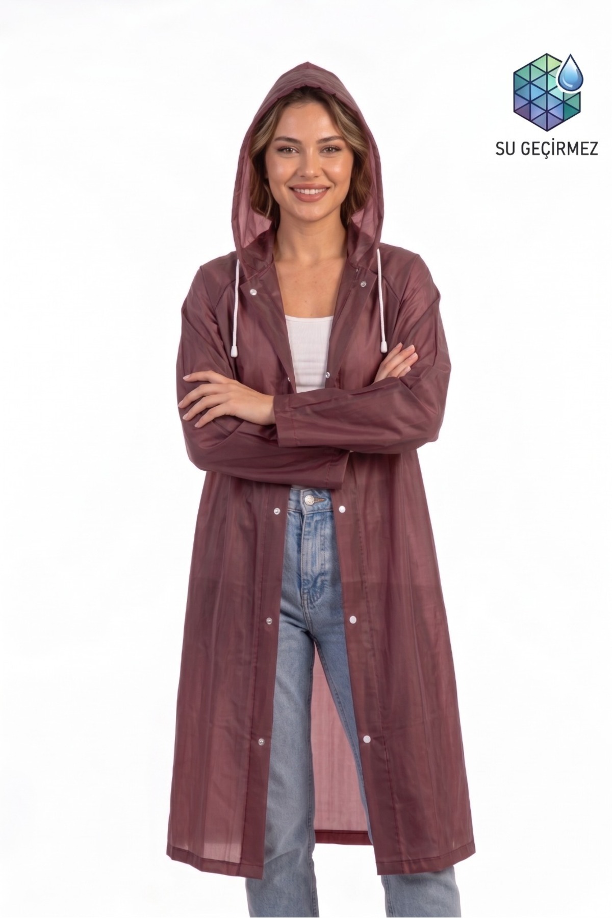 Unisex Bordo Eva Kumaş Su Rüzgar Geçirmez Yağmurluk — زرشکی 00040 — تصویر 3 از 5