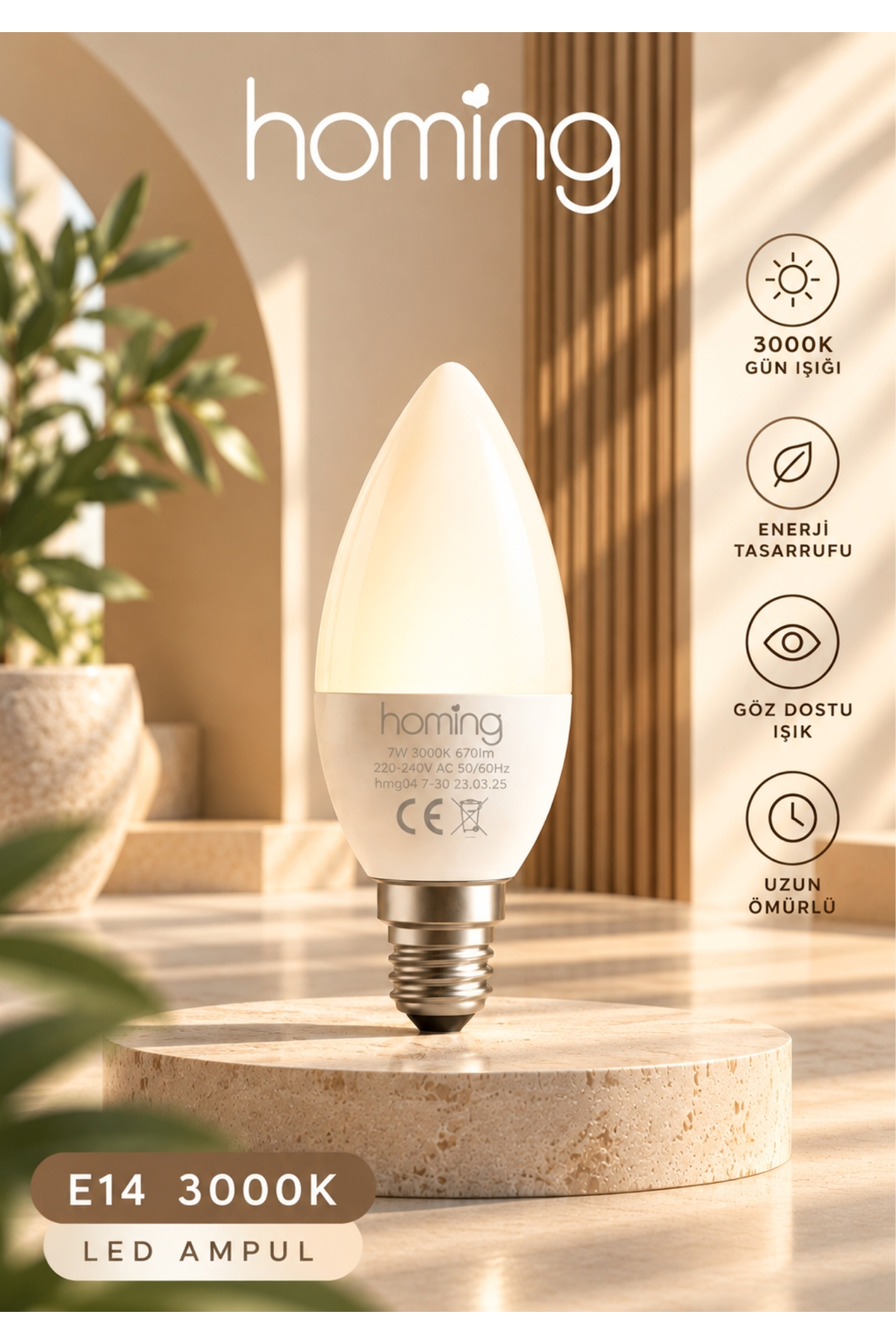HOMİNG Homing E14 Led Ampul 7w 670 lm Güneş Işığı 3000K