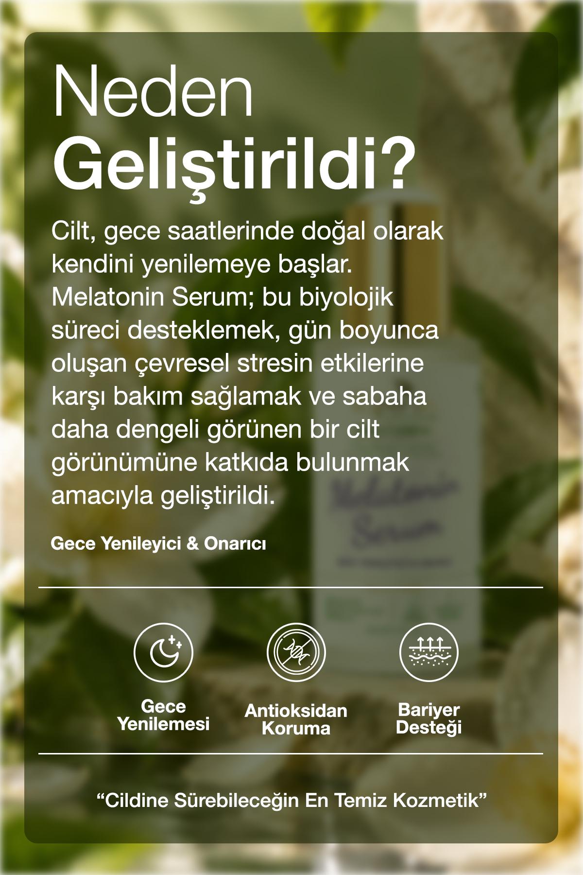 Melatonin Serum | Gece Yenileyici & Onarıcı | Melatonin, Niasinamid, Hyaluronik Asit, Gül | 30mL — ECM00001 — تصویر 5 از 7