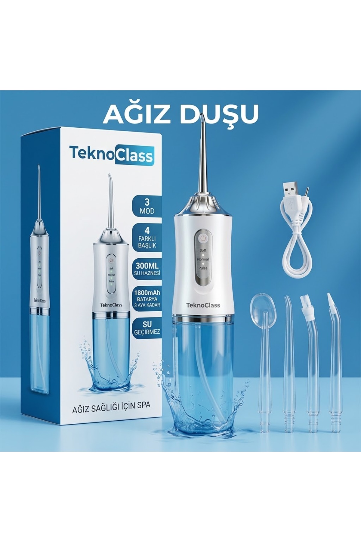 TeknoClass Şarj Edilebilir 4 Başlıklı Taşınabilir Diş Protez Bakım Ve Ağız Duşu BEYAZ