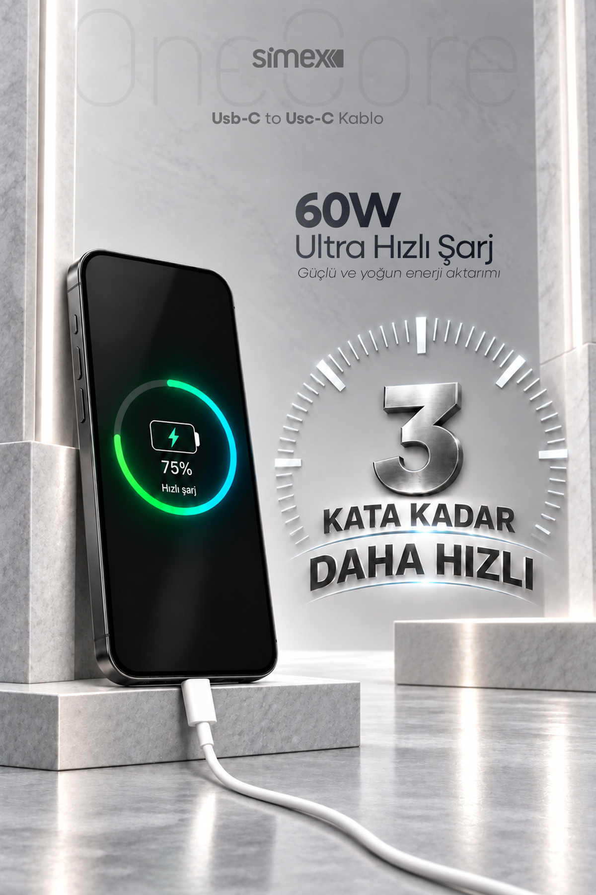 کابل شارژ سریع TYPE-C به TYPE-C 60W سازگار با iPhone، Samsung و Xiaomi با پشتیبانی از Carplay طول 1 متر رنگ سفید