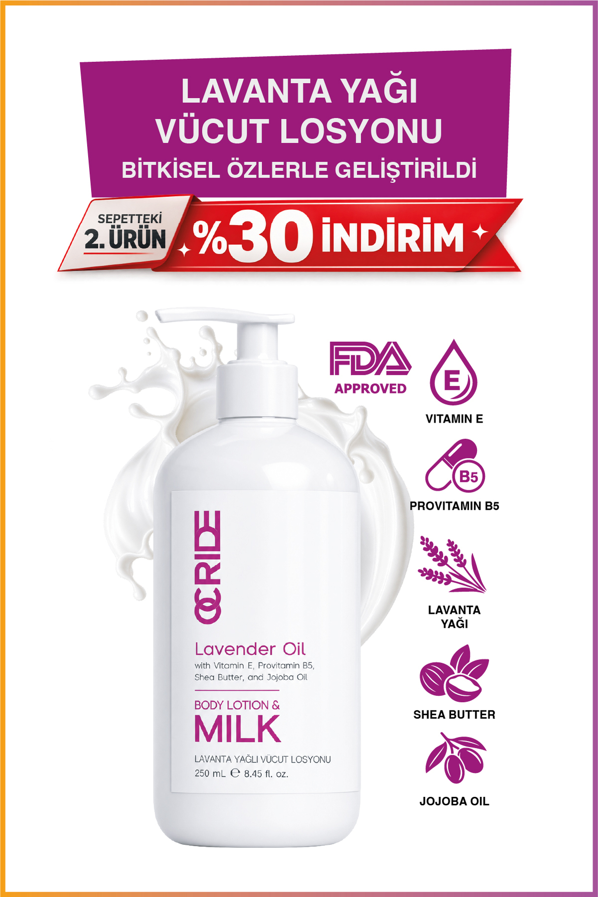 OCRIDE Lavanta Özlü Body Milk Bitkisel Nemlendirici Vücut Losyonu ve Sütü 250 ml — OCLA001