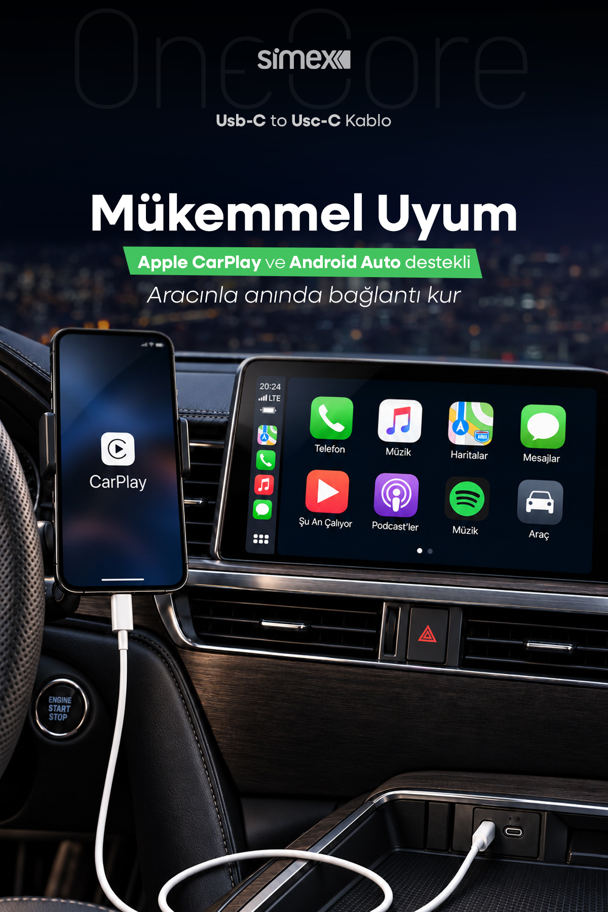 کابل شارژ سریع TYPE-C به TYPE-C 60W سازگار با iPhone، Samsung و Xiaomi با پشتیبانی از Carplay طول 1 متر رنگ سفید