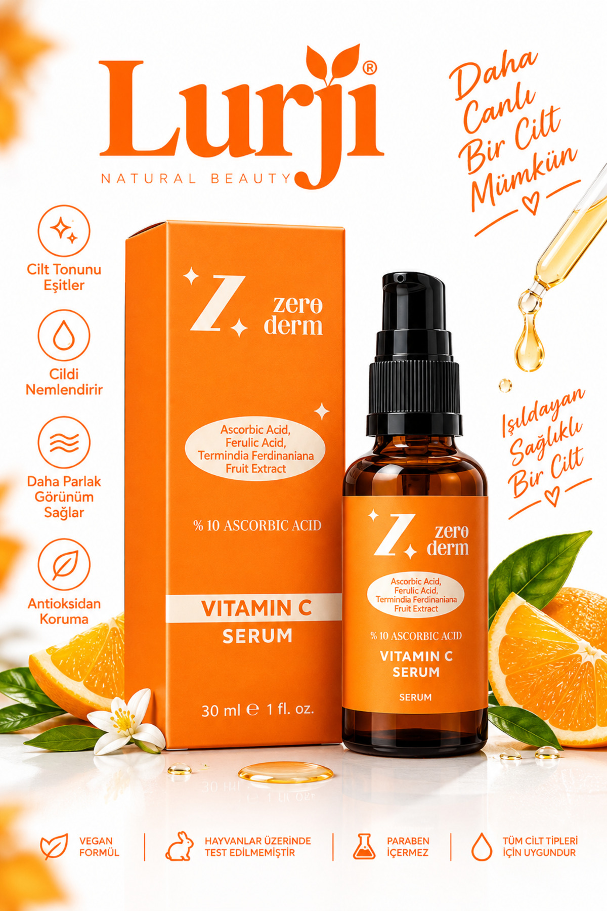 Lurji Leke Karşıtı Aydınlatıcı Vitamin C Serum Ascorbic Asit, Ferulic Asit 30 ML — cvitaminiserum01