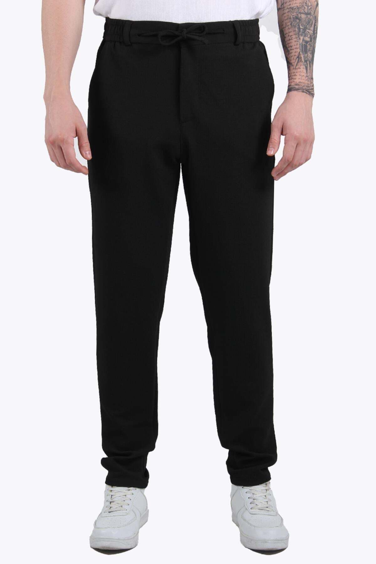 939 Tırtıklı Kumaş Beli Lastikli Pantolon — مشکی 751E24Y005