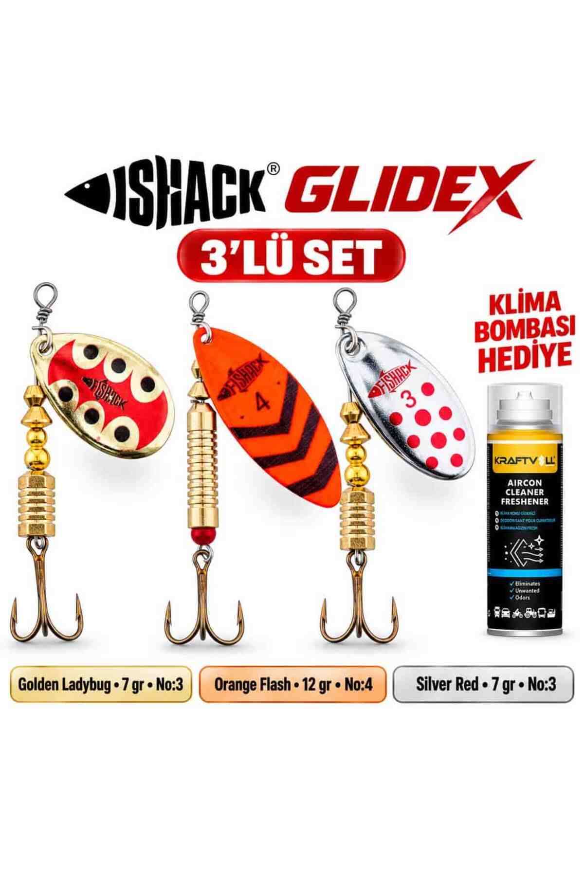 GlideX 3'lü Döner Kaşık Seti + Klima Bombası Hediye - Golden Ladybug 7 gr No:3 + Orange Flas
