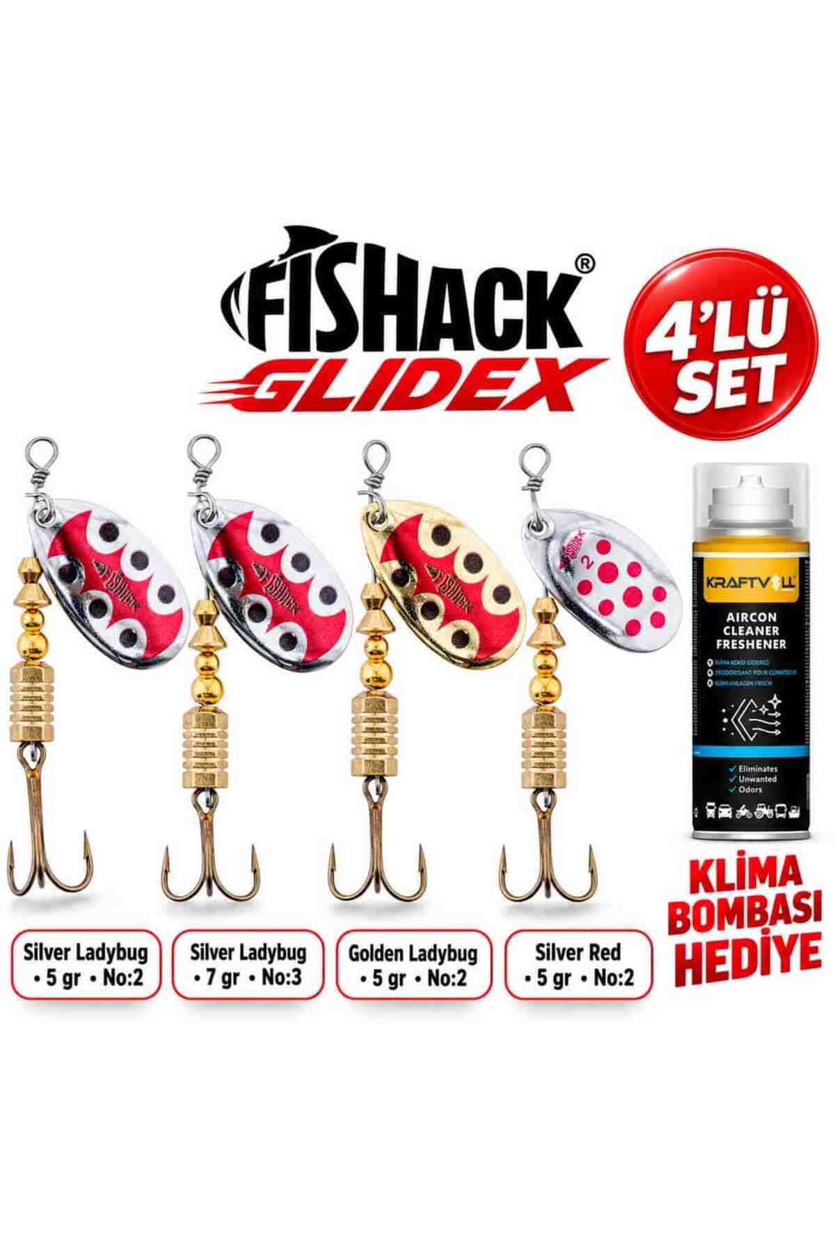 GlideX 4'lü Döner Kaşık Seti + Klima Bombası Hediye - Silver Ladybug 5 gr No:2 + Silver Lady