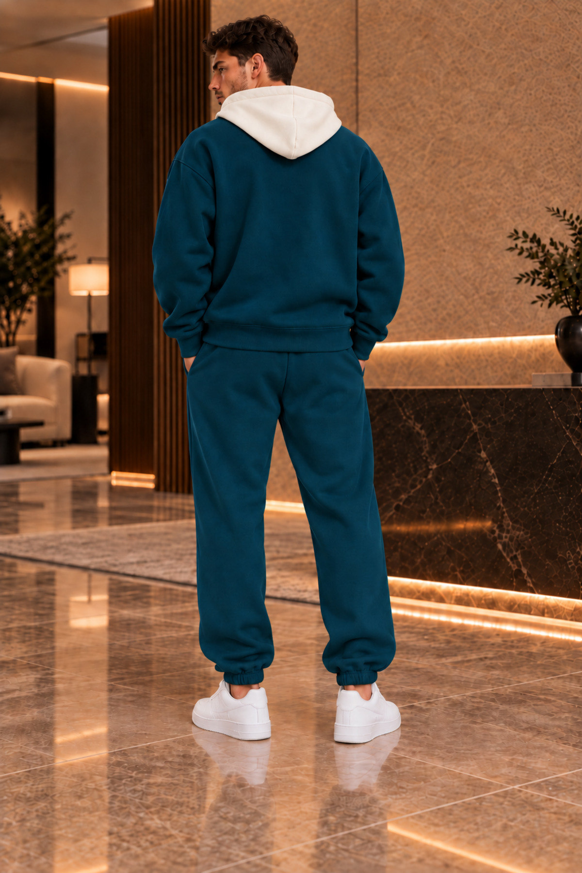 Premium Unisex Baskılı Kapüşonlu Fermuarlı Hırka Eşofman Takımı 3 İplik Şardonlu — آبی FECCY-F.KAPŞON-JOGGER-KOMBİN-02 — تصویر 5 از 5