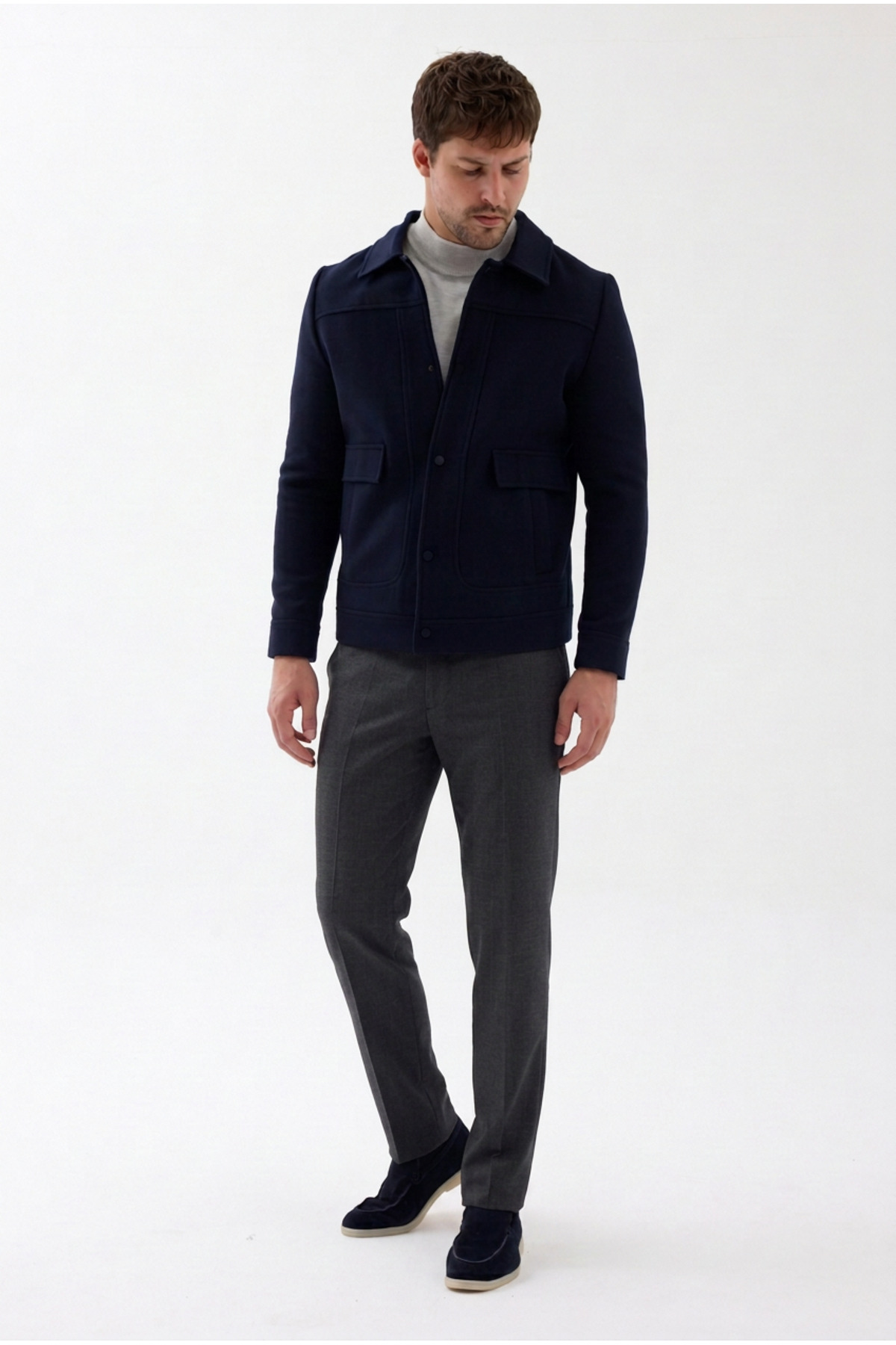 Bergamo Erkek Lacivert Çıtçıtlı Polo Yaka Kısa Kaşe Mont Slim Fit — سرمه‌ای 9810 BERGAMO — تصویر 2 از 8